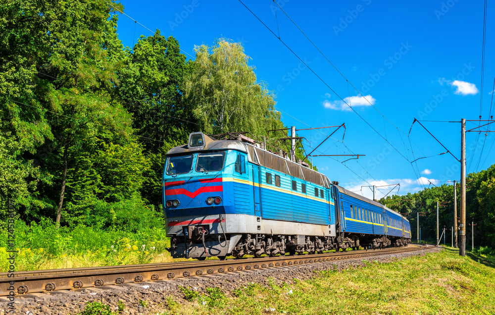 Naklejka premium Passenger train in Kiev Region of Ukraine