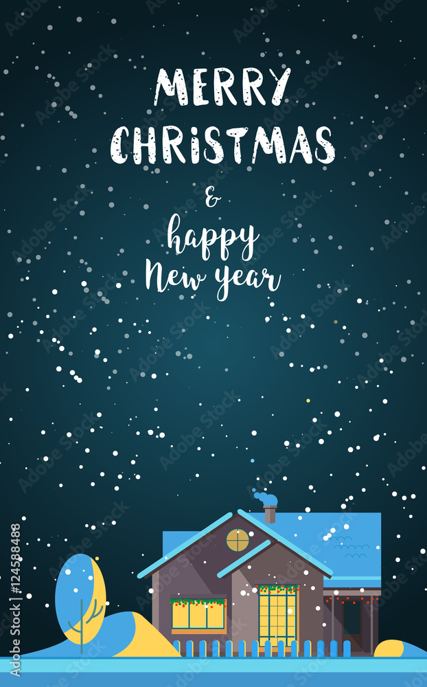 The winter house. Family suburban home on Christmas night. Christmas Greeting Card. Vector flat illustration. The winter house. Family suburban home on Christmas night. Christmas Greeting Card. Vector flat illustration.