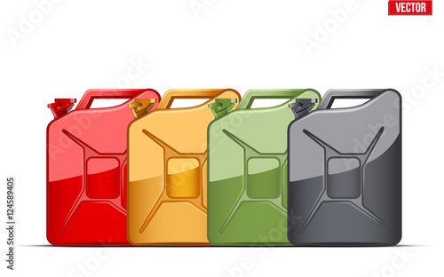 Set of Fuel container jerrycan. Gasoline canister. Oil Industrial. Vector Illustration isolated on white background.