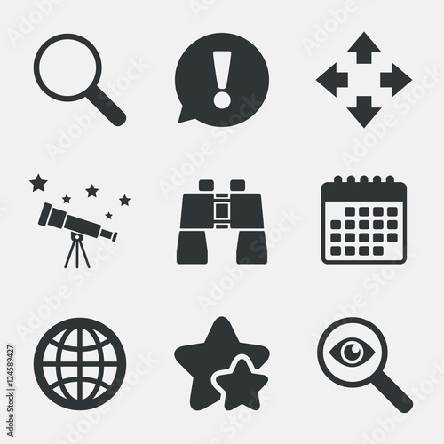 Magnifier glass and globe signs. Fullscreen.