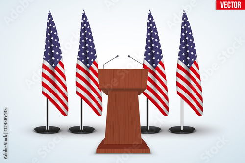 Wooden Podium Speaker Tribune with United States flags on background. US Election 2016 symbol. Vector Illustration Isolated