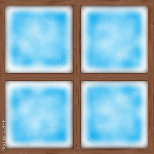 Frosted window. Ice on glass. Square wooden window. Vector Illustration Isolated on background