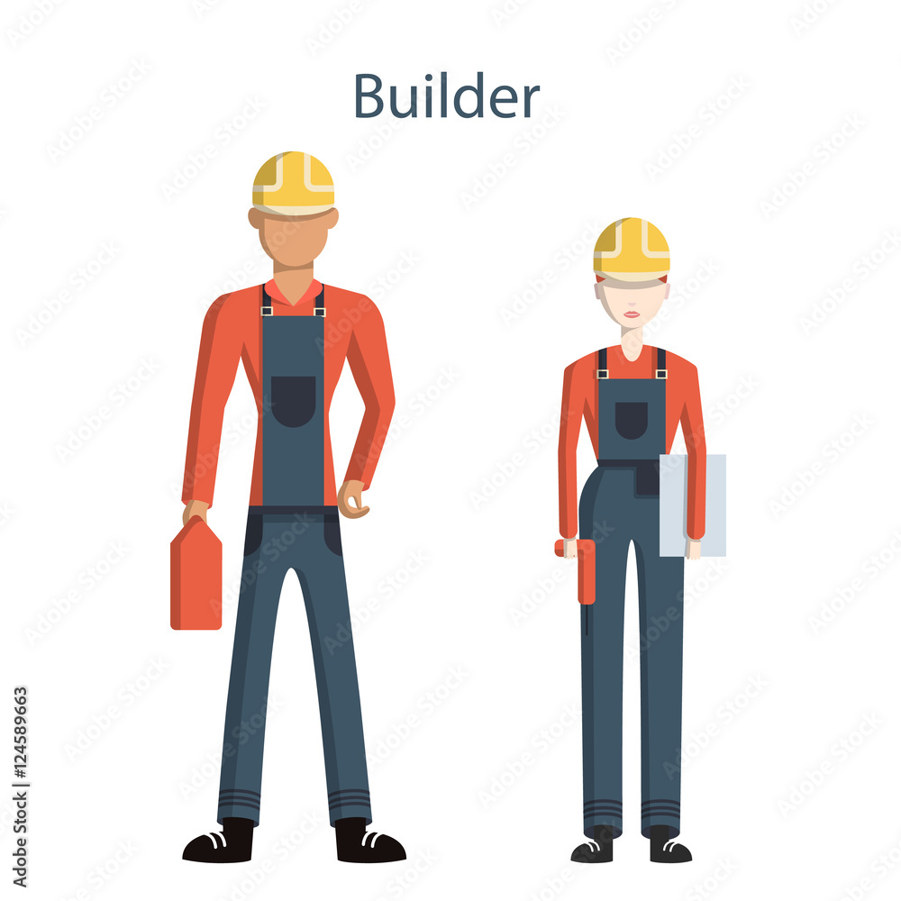 Obraz premium Isolated professional builders on white background. Male and female builders in uniform and hardhats. Engineering proffesion.