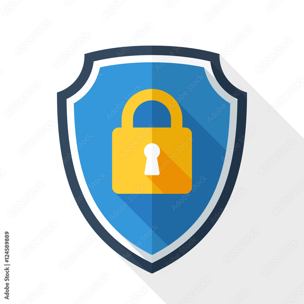 Vector Protective shield icon with the image of a padlock. Security concept simple icon in flat style with long shadow on white background Vector Protective shield icon with the image of a padlock. Security concept simple icon in flat style with long shadow on white background