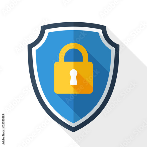 Vector Protective shield icon with the image of a padlock. Security concept simple icon in flat style with long shadow on white background