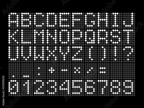 Digital dotted font with letters, numbers, mathematical symbols and punctuation marks for digital scoreboard. White font characters on a black background