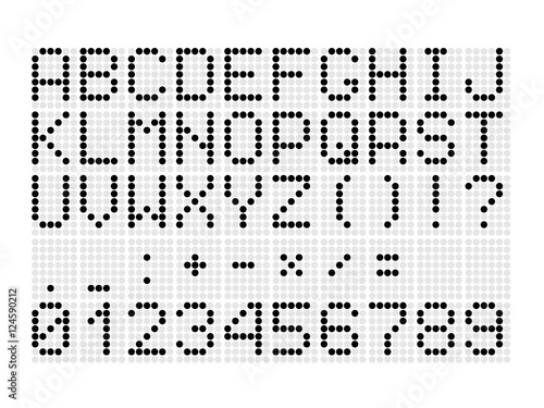 Digital dotted font with letters, numbers, mathematical symbols and punctuation marks for digital scoreboard. Black font characters on a white background