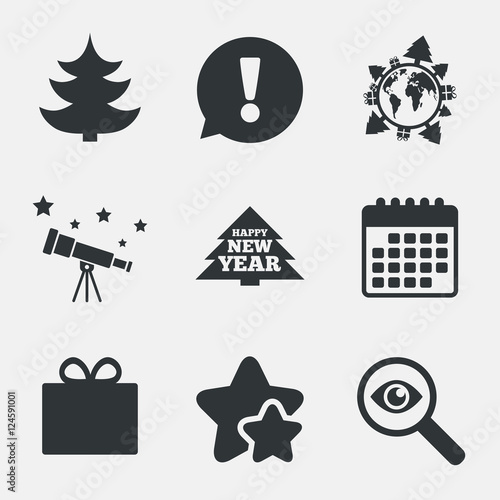 Happy new year sign. Christmas tree and gift box.