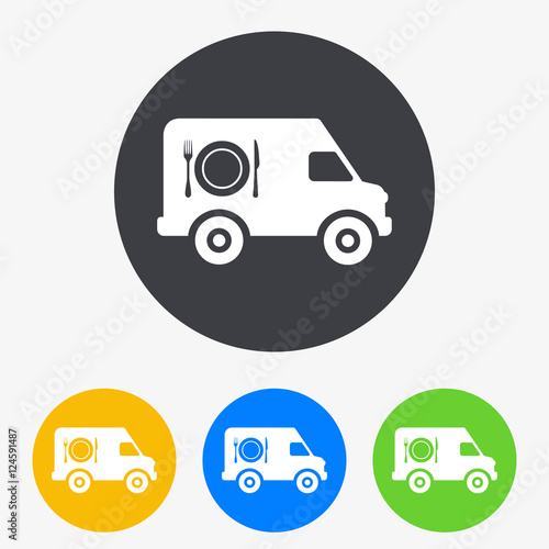 Icono plano furgoneta catering en circulo varios colores