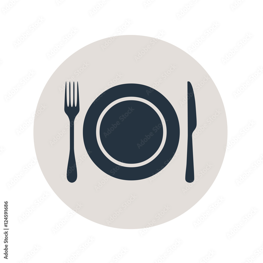 Icono plano plato y cubiertos en circulo gris Icono plano plato y cubiertos en circulo gris
