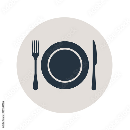 Icono plano plato y cubiertos en circulo gris