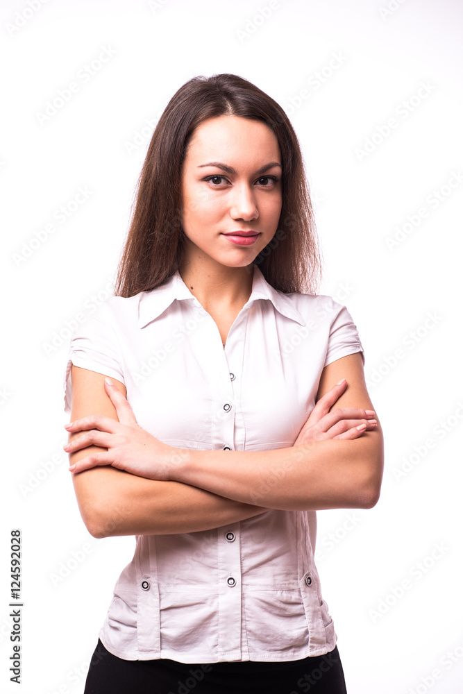 Strong business woman with crossed hands on white background Strong business woman with crossed hands on white background
