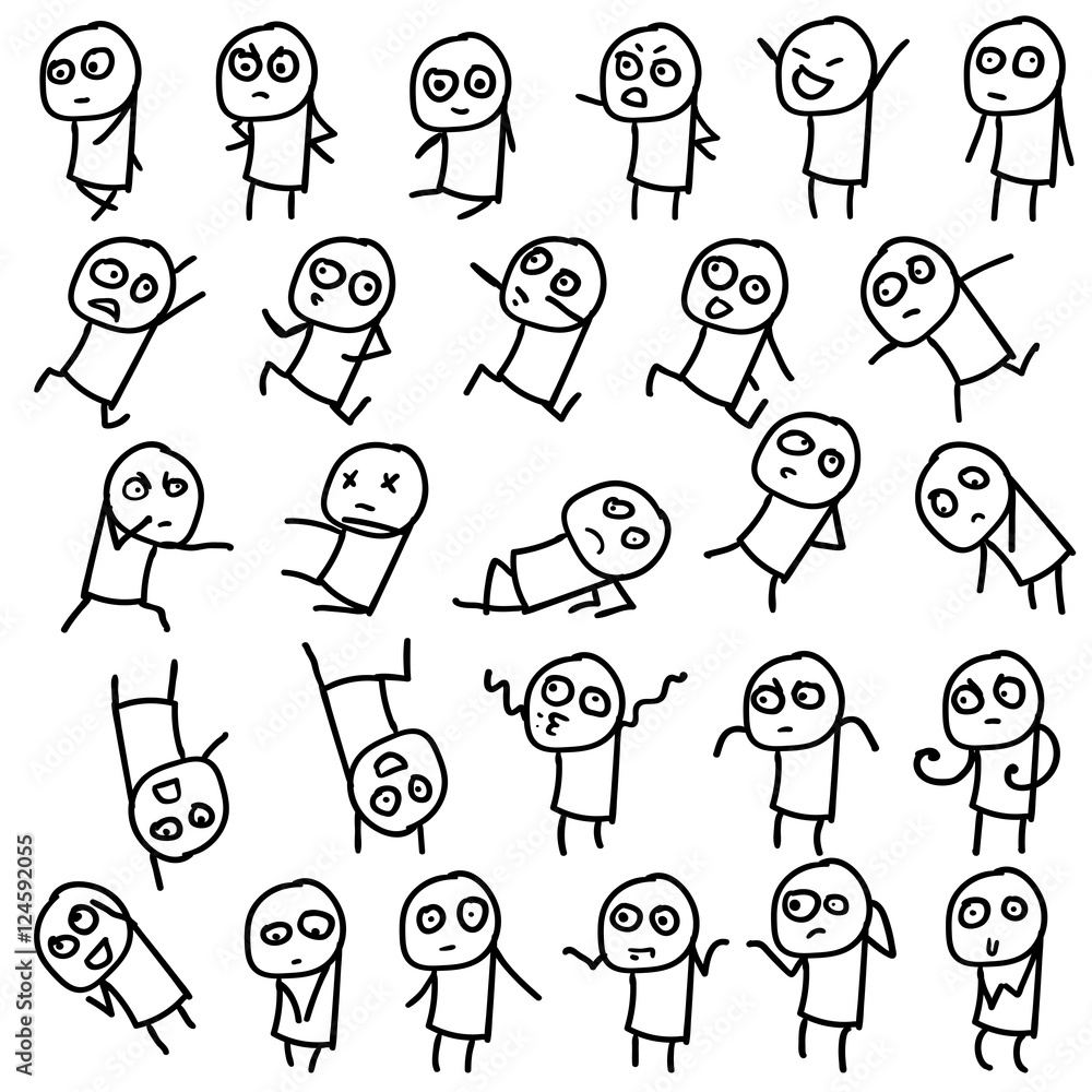 Set of 27 stick figures in various poses / emotions. Hand drawn doodle. Vector illustration, outlines on white background. Grouped, ready to use. Set of 27 stick figures in various poses / emotions. Hand drawn doodle. Vector illustration, outlines on white background. Grouped, ready to use.