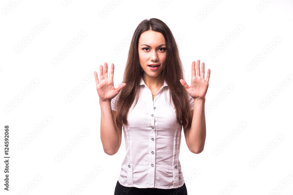 Office girl demonstrate stop gesture Office girl demonstrate stop gesture