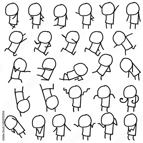 Set of 27 stick figures in various poses / emotions. Hand drawn doodle. Vector illustration, outlines on white background. Grouped, ready to use.
