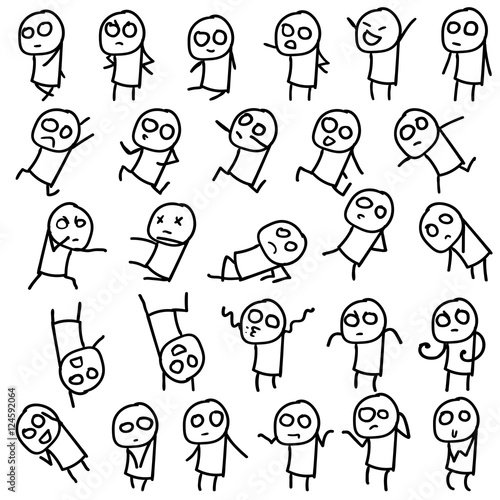 Set of 27 stick figures in various poses / emotions. Hand drawn doodle. Vector illustration, outlines on white background. Grouped, ready to use.