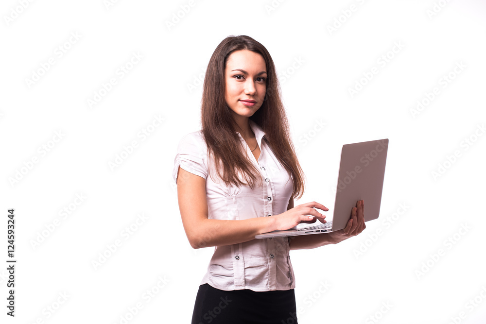 Successful business woman holding a laptop - isolated over white Successful business woman holding a laptop - isolated over white