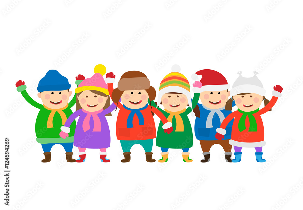 group of children in winter clothes on white background group of children in winter clothes on white background