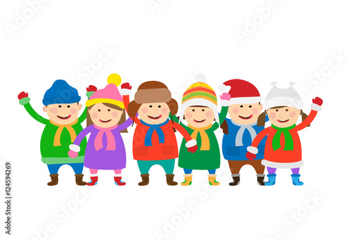 group of children in winter clothes on white background