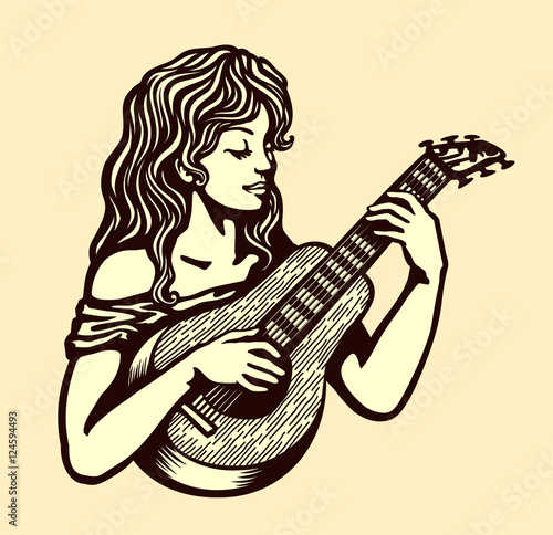 Cute naive girl playing acoustic guitar vector black and white monochrome simple illustration engraving style