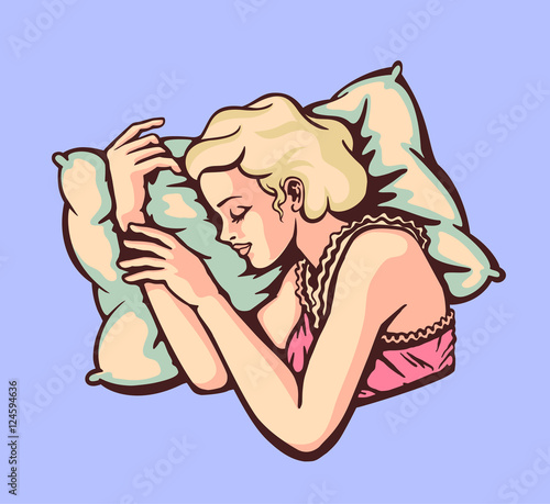 girl sleeping on side on pillow, woman sound asleep dreaming vector illustration