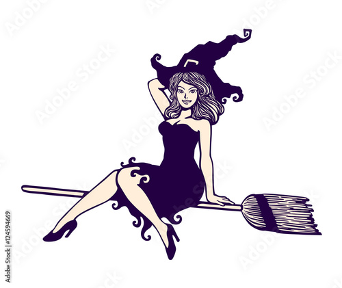Sexy cute pin-up girl in witch halloween costume riding magic flying broom stick black and white vector cartoon illustration