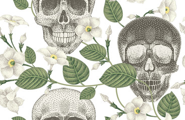Sierkussen Doodshoofd met bloemen patronen Naadloos schedelpatroon met bloemenranken  © marinavorona
