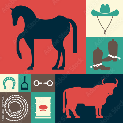 Set of images - items used for entertainment shows, sport - rodeo. Vector illustration isolated objects on a white background.