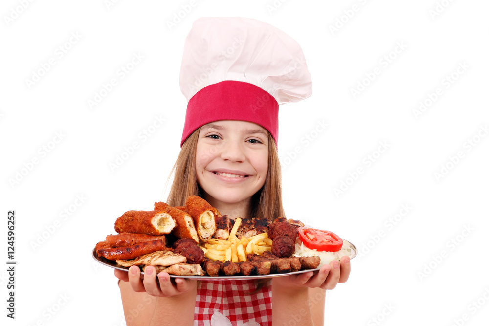 happy little girl cook with grilled meat on plate happy little girl cook with grilled meat on plate