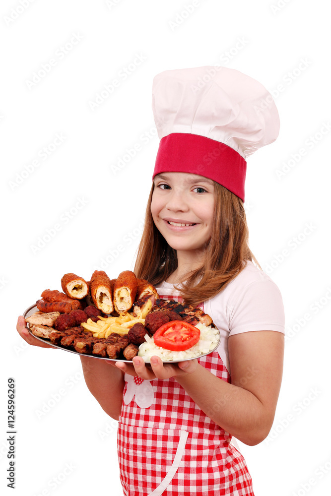 happy little girl cook with grilled meat happy little girl cook with grilled meat