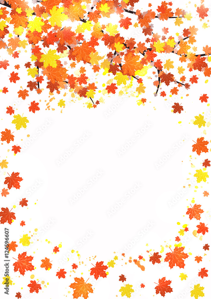Vertical autumn banner template with blank space for text. Seasonal fall poster with red, orange and yellow falling leaves with watercolor splash on white background. Colorful vector illustration.