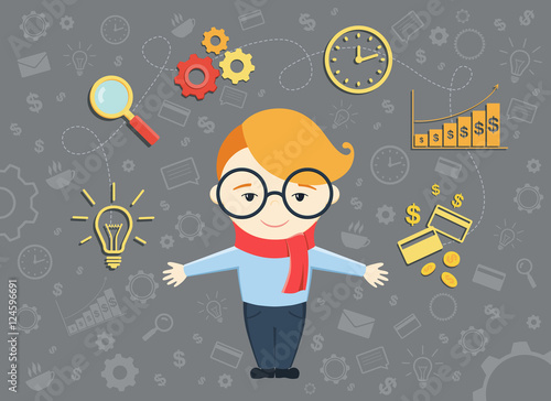 Flat design vector illustration of young business man shows process converting of idea into money. Business idea concept