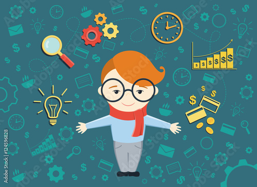 Flat design vector illustration of young business man shows process converting of idea into money. Business idea concept