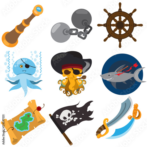 Set pirate things. Spyglass  octopus  irons  steering wheel  treasure map  jolly roger flag  shark  sword.
