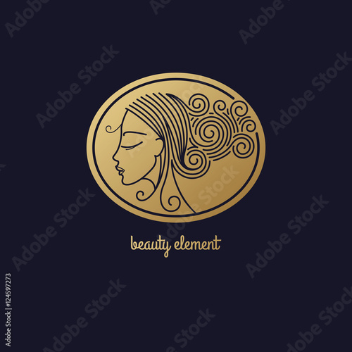 Vector abstract icon/Image of head beautiful girl in circle/Template logo pattern in trend of modern linear style/Beauty symbol/Design for beauty hair salons, cosmetics/Gold foil on black background