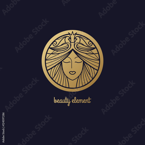 Vector abstract icon. Image of head beautiful girl in circle. Template logo pattern in trend of modern linear style. Beauty symbol. Design with organic motifs of birds for natural hair cosmetics.