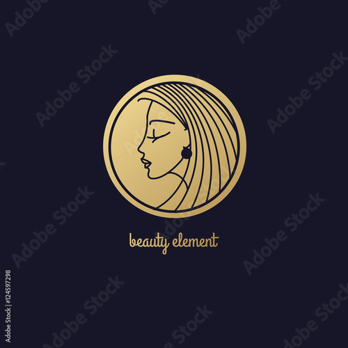 Vector abstract icon/Image of head beautiful girl in circle/Template logo pattern in trend of modern linear style/Beauty symbol/Design for beauty hair salons, cosmetics/Gold foil on black background