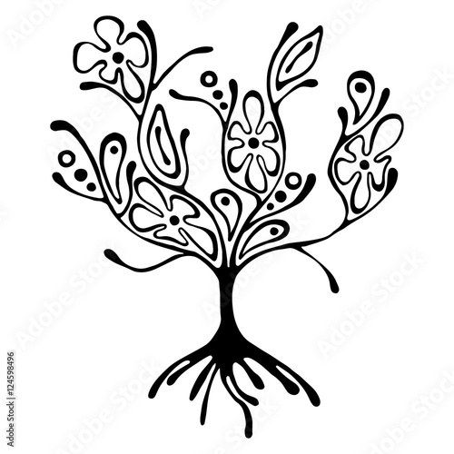 Vector hand drawn illustration, decorative ornamental stylized tree. Black and white graphic illustration isolated on the white background. Inc drawing silhouette. Decorative artistic ornamental wood