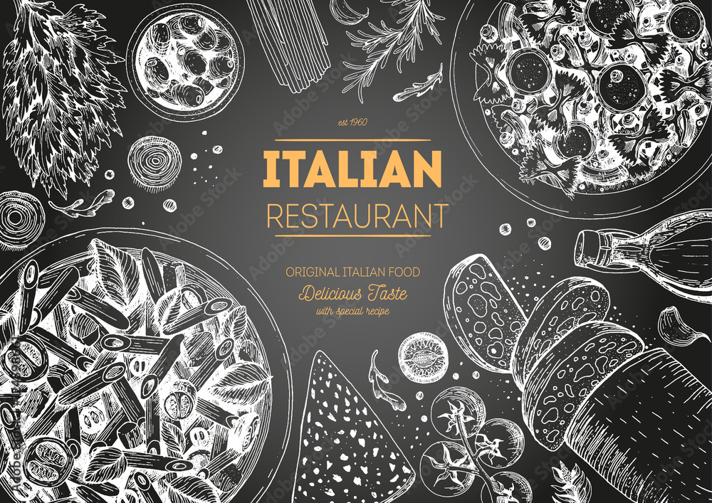 Italian Menu Frame Italian cuisine top view chalkboard frame. Italian food menu design ...