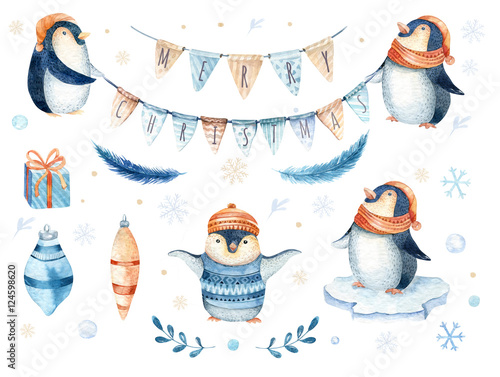 Watercolour pinguins. Christmas illustration photo