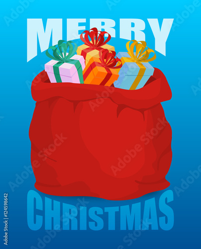  Merry Christmas Full Santa Claus sack of gifts. Bag of with pre