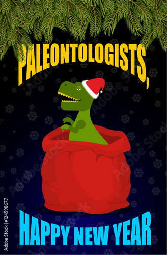 New year Paleontologists . Dinosaur T- rex in red sack Santa Cla