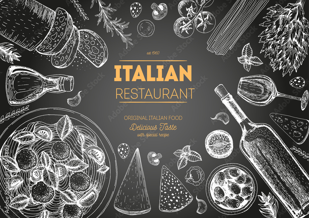 Italian Menu Frame Italian cuisine top view chalkboard frame. Italian food menu design ...