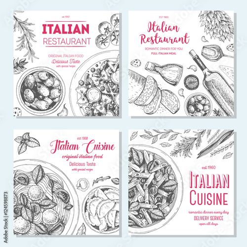 Italian food vintage design template. Square banners set. Vector illustration hand drawn linear art. Italian Cuisine restaurant menu. Hand drawn sketch vector banners.