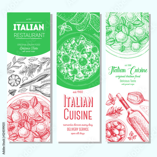 Italian food vintage design template. Vertical banners set. Vector illustration hand drawn linear art. Italian Cuisine restaurant menu. Hand drawn sketch vector banners.