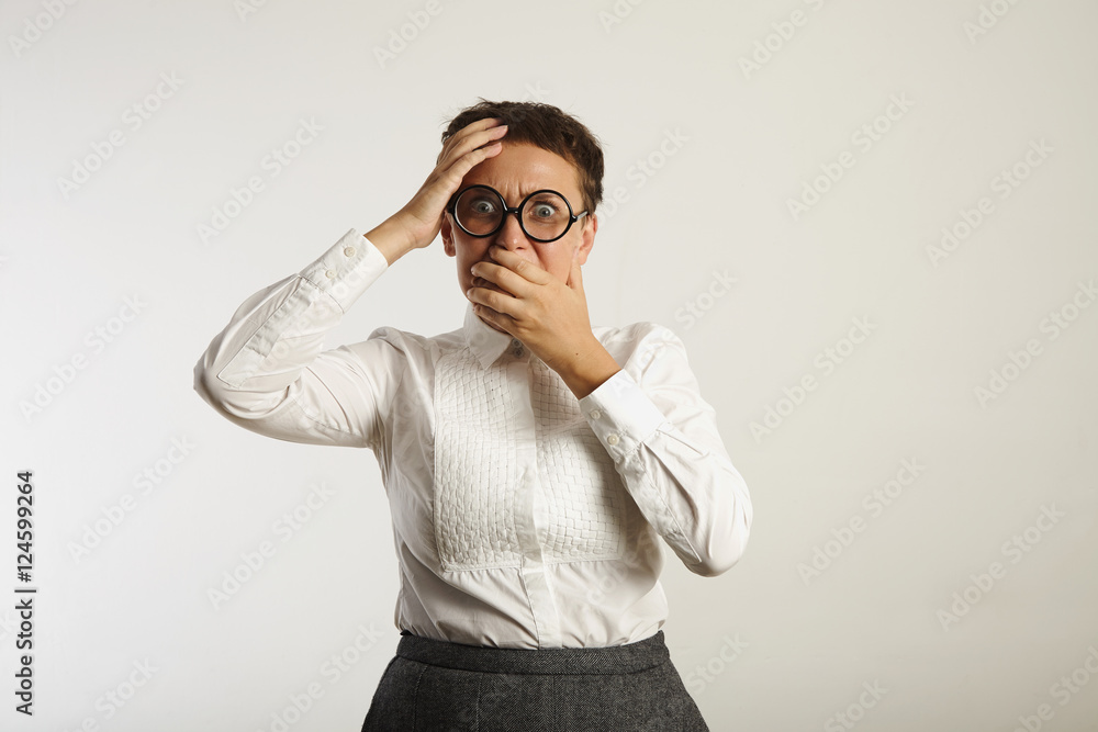 Frustrated female teacher in conservative clothes Frustrated female teacher in conservative clothes