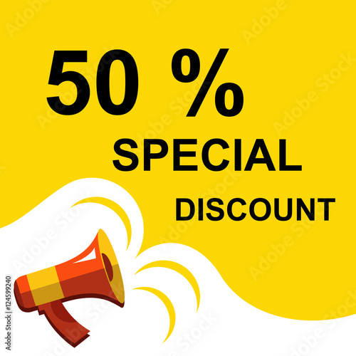 Megaphone with 50 PERCENT SPECIAL DISCOUNT announcement. Flat style illustration