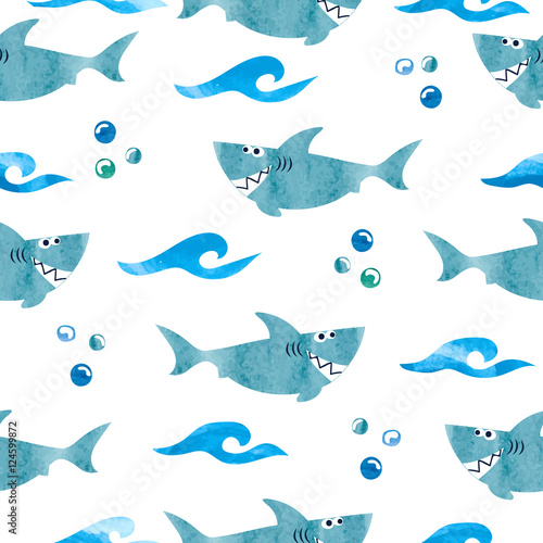 Fotografiet Seamless pattern with cartoon watercolor sharks