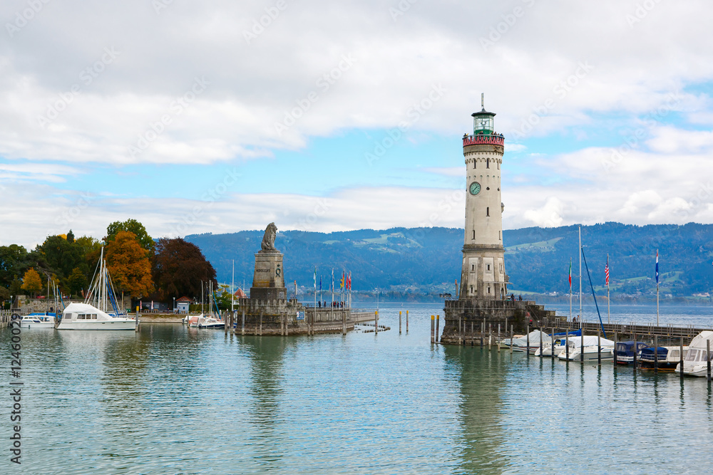 Lindau city, Bodensee, Lighthouse and Entrance of the Harbour.