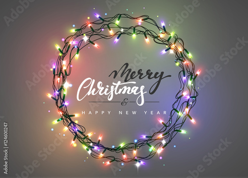 Merry Christmas and happy New Year Lettering label. Glowing Christmas Lights Wreath for Xmas Holiday Greeting Cards Design. Glowing lights Garlands Xmas Holiday greeting card design